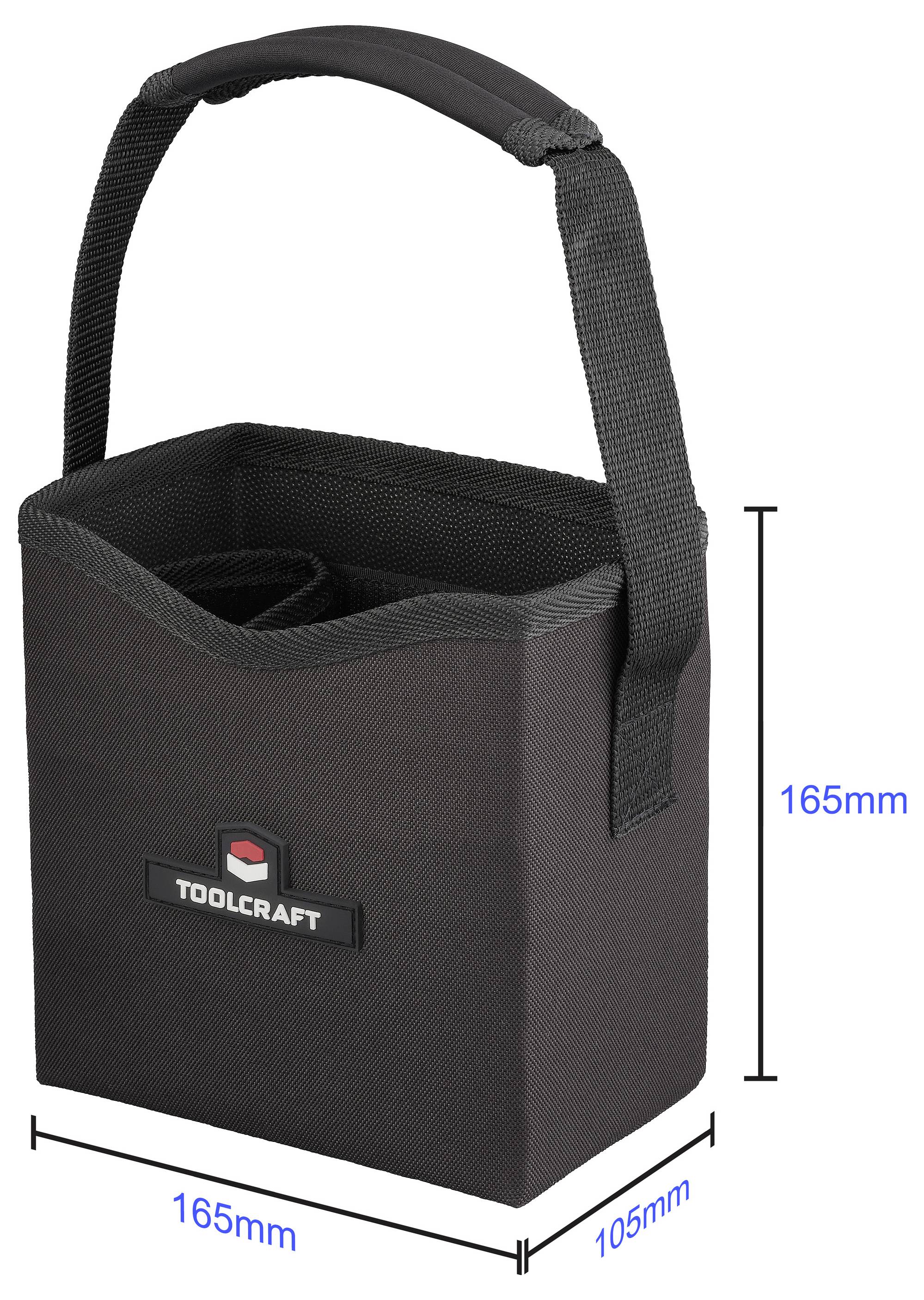 Eine schwarze, kastenfömig ausgestaltete Tasche mit Griff, mit der Aufschrift "Toolcraft" beschriftet, mit den Abmessungen 165mm Höhe, 165mm Breite und 105mm Tiefe.