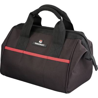 Eine schwarze Werkzeugtasche mit roten Akzenten und Griffen, mit einem Logo, das "TOOLCRAFT" sagt.
