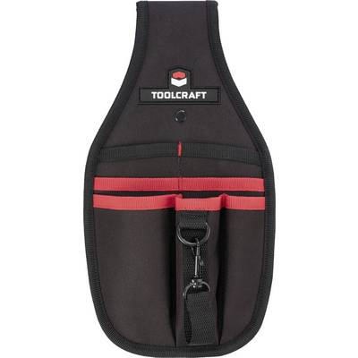 Schwarzer und roter TOOLCRAFT Werkzeughalter mit mehreren Taschen und einem Clip, konzipiert zum Lagern und Organisieren verschiedener Werkzeuge.