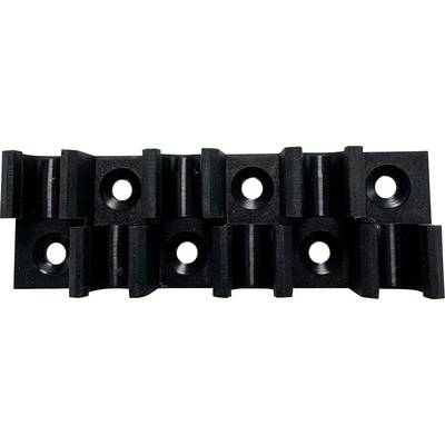 Schwarze Kunststoff-Kabelorganizer-Clips in zwei Reihen angeordnet, jeweils mit einem runden Befestigungsloch, zum Sichern und Verlegen von Kabeln.