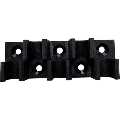 Schwarze Kunststoff-Modular-Halterung oder Abstandshalter mit sechs kreisförmigen Befestigungslöchern, gezeigt auf weißem Hintergrund.