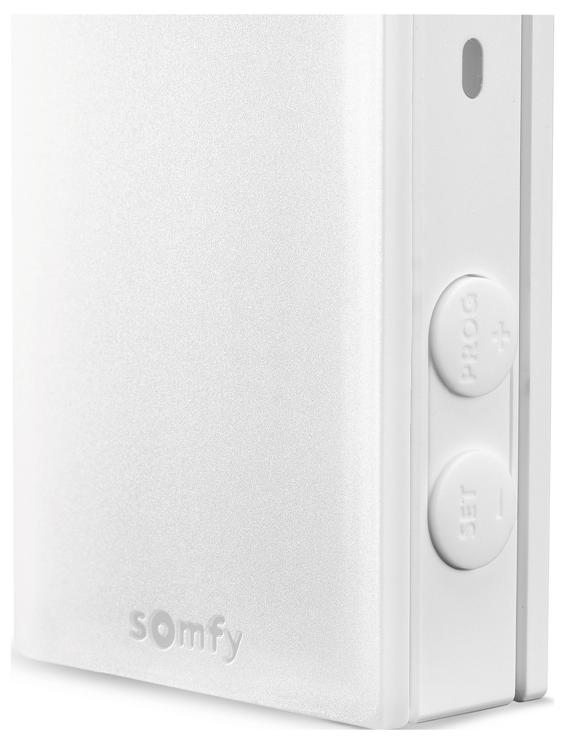 Ein weißes Somfy Smart-Home-Gerät mit zwei runden Tasten, die mit 'Prog' und 'Set' beschriftet sind und für Programmier- und Einstellungsfunktionen verwendet werden.