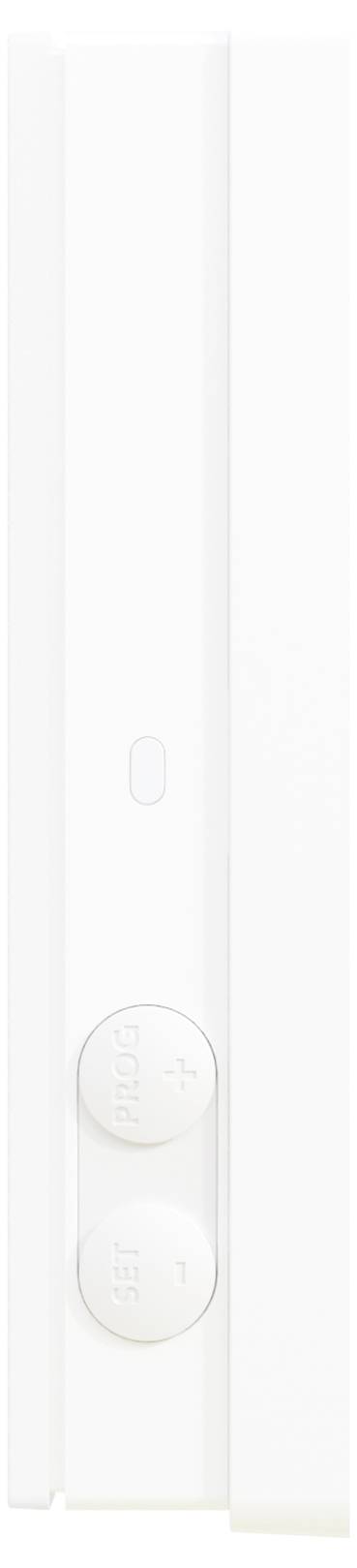 Eine weiße Wand mit zwei kreisförmigen Tasten, beschriftet mit ‚Öffnen' und ‚Schließen'. Die Tasten sind vertikal auf einem schmalen Panel ausgerichtet.