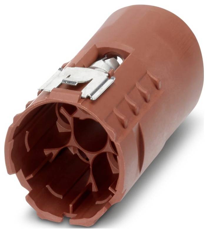 Rotes Kunststoffzylinderobjekt mit inneren Fächern, das eine Metallklemme an der Seite aufweist.