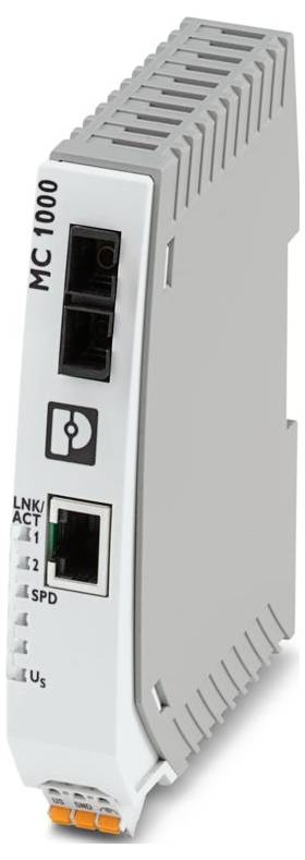 Ein grauer industrieller Ethernet-Switch mit der Bezeichnung "MC 1000" mit Anschlüssen für Netzwerkverbindungen, konzipiert zur Montage auf einer DIN-Schiene.