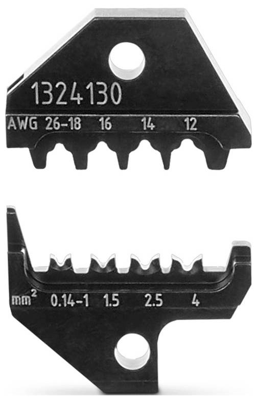 Crimpzangensatz mit fünf Abschnitten, oben beschriftet mit „AWG 26-18, 16, 14, 12" und unten mit „mm² 0,14-1, 1,5, 2,5, 4".