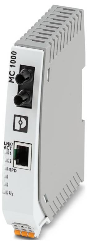 Ein industrieller Ethernet-Switch mit der Bezeichnung „MC 1000" mit mehreren Anschlüssen und Indikatoren für Verbindungsstatus, Geschwindigkeit und Fehlerstatus.