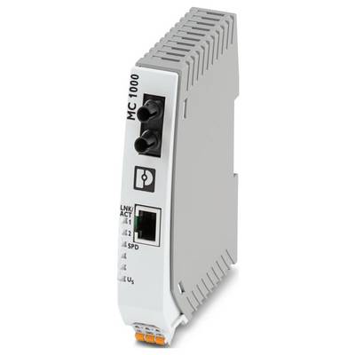 Ein industrieller Ethernet-Switch mit der Bezeichnung „MC 1000" mit mehreren Anschlüssen und Indikatoren für Verbindungsstatus, Geschwindigkeit und Fehlerstatus.
