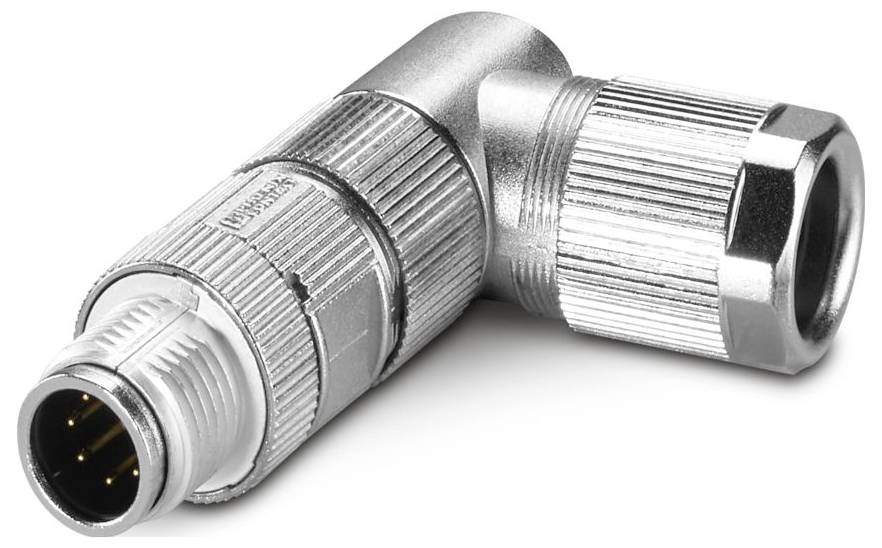 Ein rechtwinkliger Metallstecker mit einer gerillten Außenseite und einer Reihe von Stiften in seiner Buchse, typischerweise für industrielle oder elektronische Anwendungen verwendet.