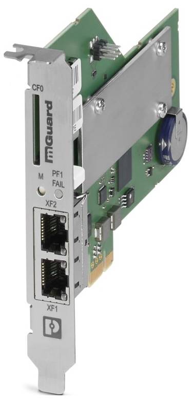 'Netzwerkschnittstellenkarte für Computer mit zwei Ethernet-Anschlüssen, gekennzeichnet mit XF1 und XF2, sowie Anzeigen für „CF0", „M" und „PF1 FAIL".'
