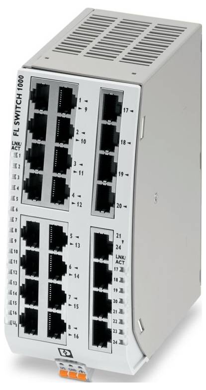 Ein Netzwerk-Switch mit 24 Ethernet-Anschlüssen, nummeriert 1-24, angeordnet in drei vertikalen Reihen. Modellnummer 'FL SWITCH 1000' auf der Seite.