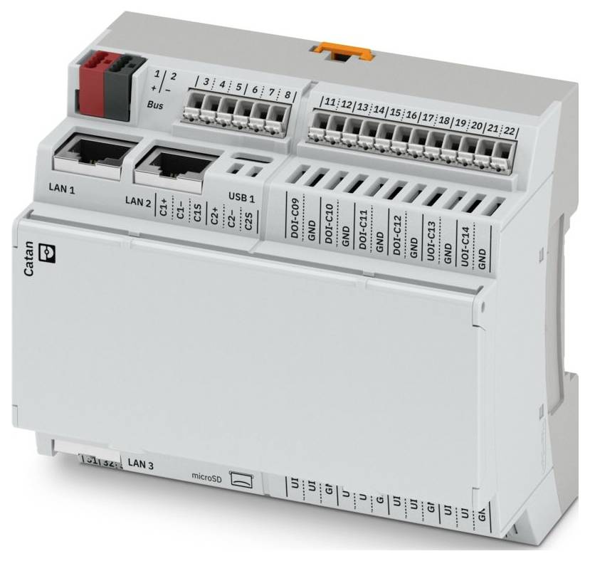 Ein kompaktes Industriesteuermodul mit mehreren Anschlüssen und gekennzeichneten Klemmen, das zur Schnittstellenbildung und Kommunikation in automatisierten Systemen verwendet wird.