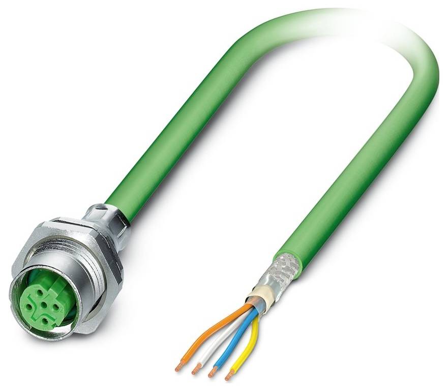 Ein grünes Industriekabel mit einem Metallstecker an einem Ende und freigelegten farbigen Drähten am anderen Ende, das die Verdrahtung und Konnektivität zeigt.