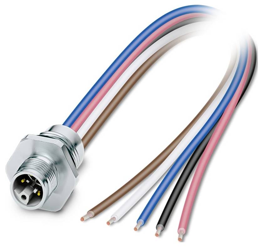 Ein Metallstecker, an dem fünf farbige Drähte befestigt sind: blau, rot, braun, weiß und schwarz. Die Drähte haben freiliegende Enden, was auf Verbindungsbereitschaft hindeutet.