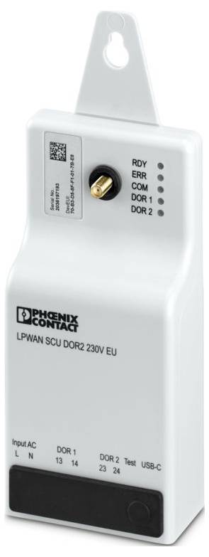 Ein weißes Phoenix Contact LPWAN SCU DOR2 230V EU Gerät mit Statusanzeigen und Eingängen für DOR und USB-C Verbindung.