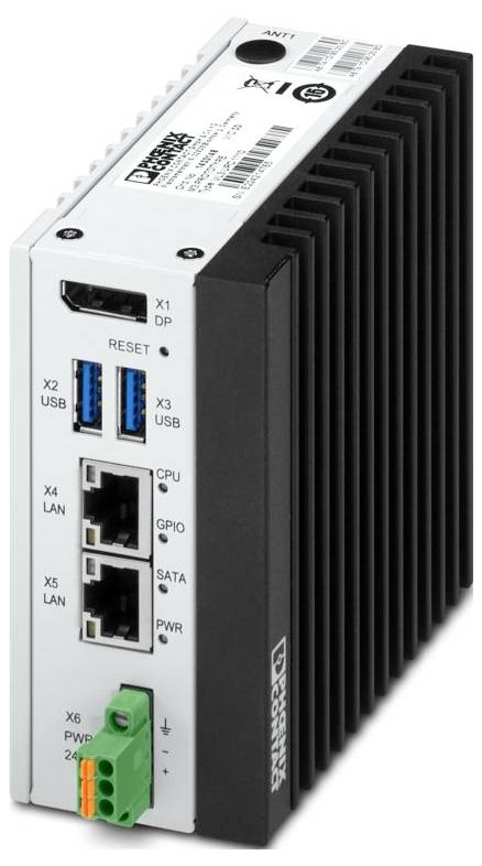 Ein kompaktes Industriecomputer-Modul mit mehreren Anschlüssen, darunter USB, LAN und Stromversorgungsanschlüsse, das für eingebettete Anwendungen verwendet wird.