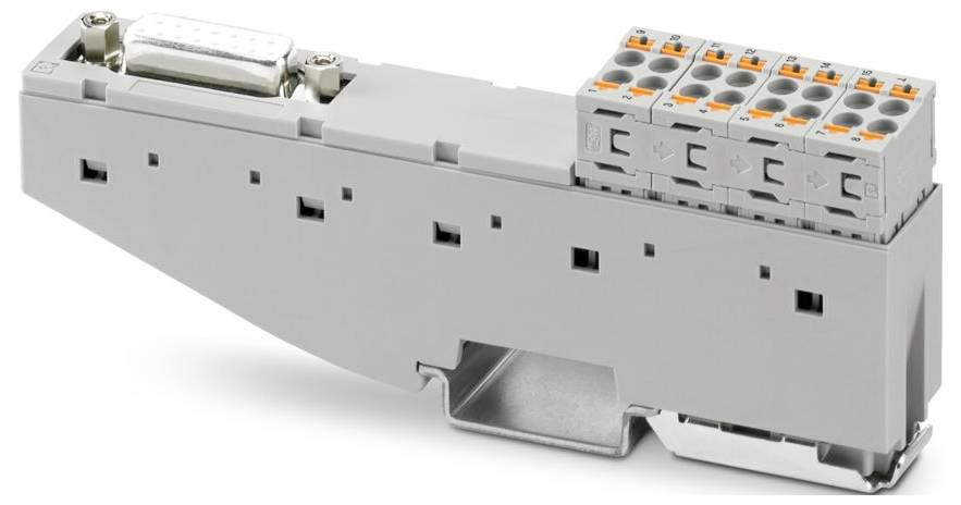 Ein graues elektronisches Klemmenmodul mit mehreren Anschlüssen, einschließlich eines D-Sub-Steckers, das für die Verkabelung in elektrischen Systemen verwendet wird.