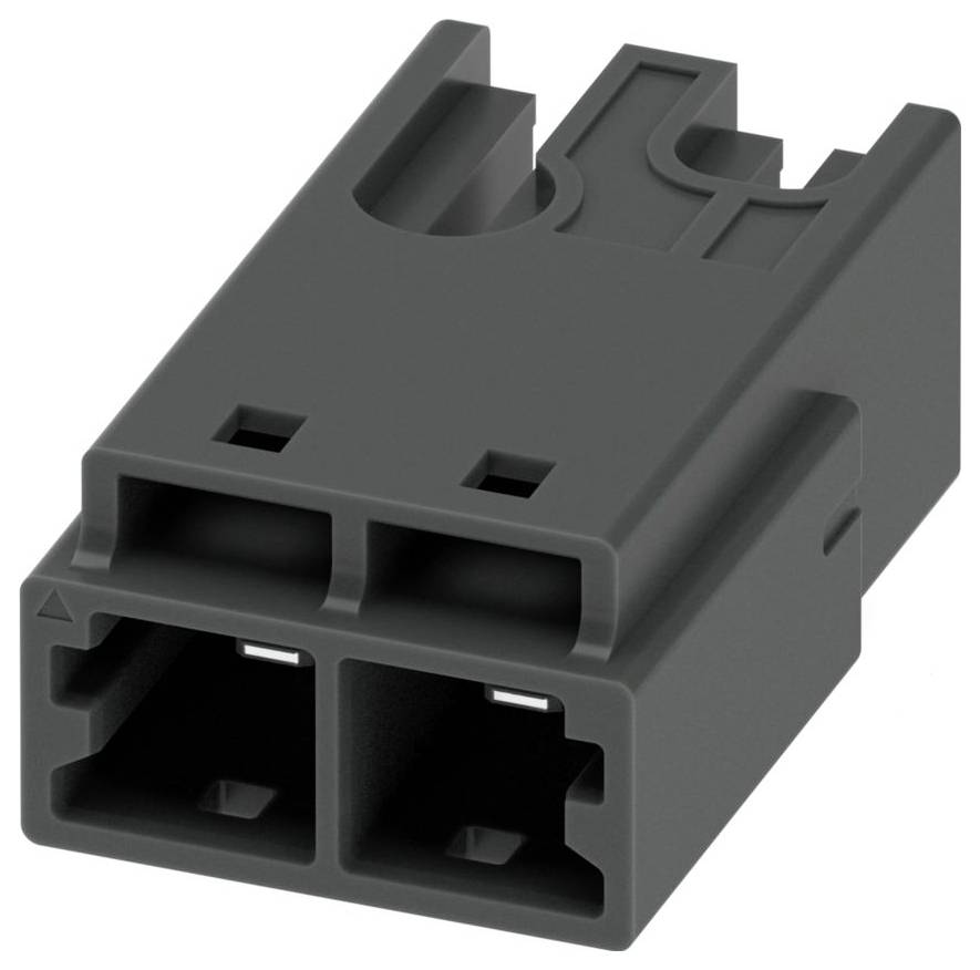 Ein schwarzer rechteckiger elektrischer Stecker mit zwei Schlitzen, entwickelt für die Integration in Leiterplatten oder zur Kabelbeendigung.