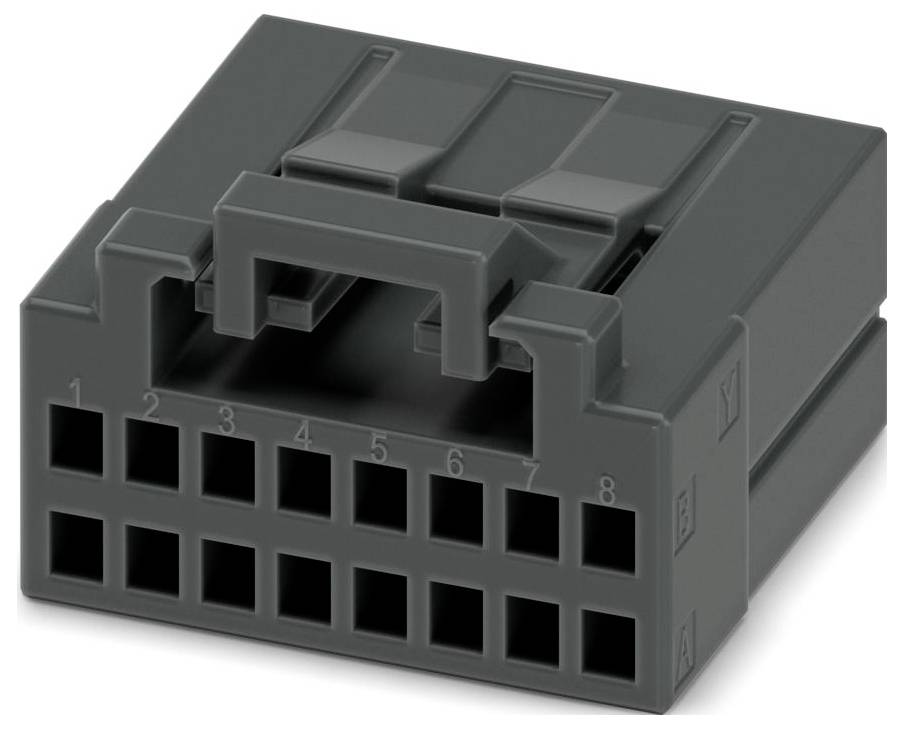 Ein dunkelgrauer, 16-poliger Elektrostecker mit Verriegelungsmechanismus, geeignet für sichere Verbindungen in elektronischen Geräten.
