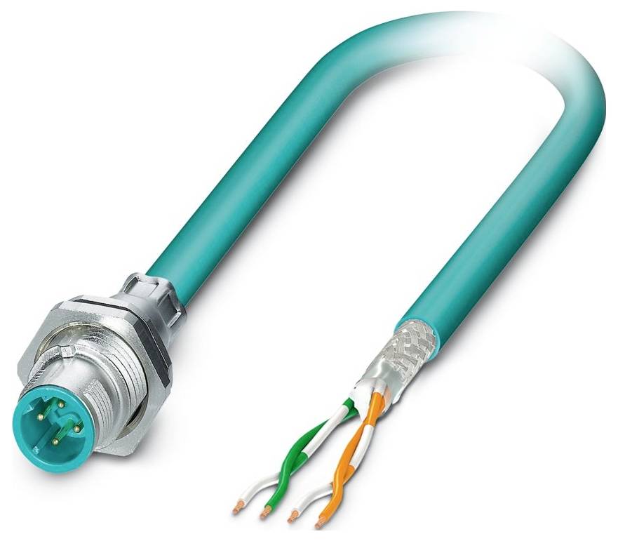 Ein petrolblaues Industrie-Ethernet-Kabel mit metallischem Stecker und freiliegenden Drähten am Ende, das vier farbcodierte Drähte innen zeigt.