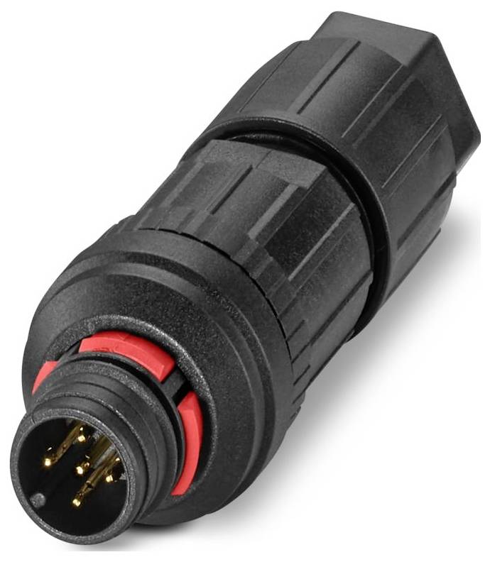 Ein schwarzer XLR-Steckverbinder mit rotem Verriegelungsmechanismus, der drei goldene Stifte zeigt, wird für professionelle Audiogeräteverbindungen verwendet.