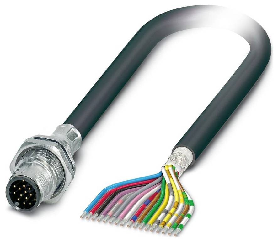 Das Bild zeigt einen neunpoligen männlichen Rundstecker, der an ein mehrfarbiges Kabel mit gespaltenen Enden angebracht ist und auf eine komplexe Verdrahtungsanordnung hindeutet.