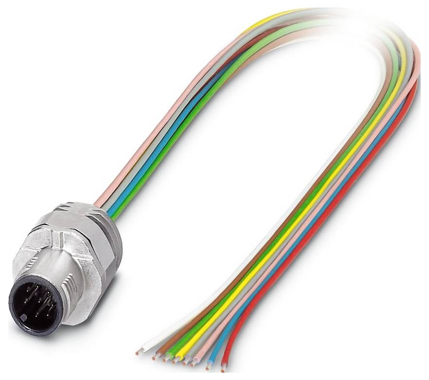 Ein mehrfarbiges Kabel und Metallstecker mit mehreren gestreiften Drähten, die nach außen führen, wird häufig in elektronischen oder industriellen Anwendungen verwendet.