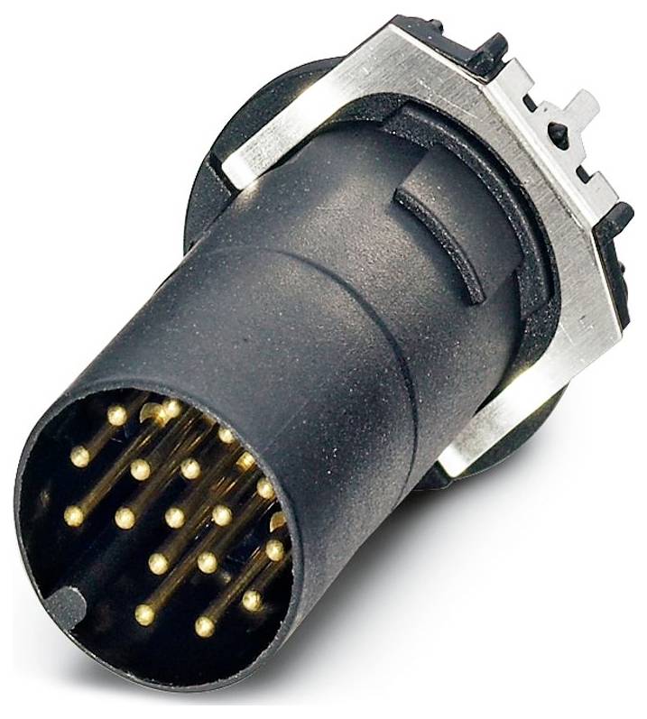 Nahaufnahme eines schwarzen Mehrfach-Steckverbinders mit mehreren vergoldeten Kontakten, der für elektronische Verbindungen verwendet wird.