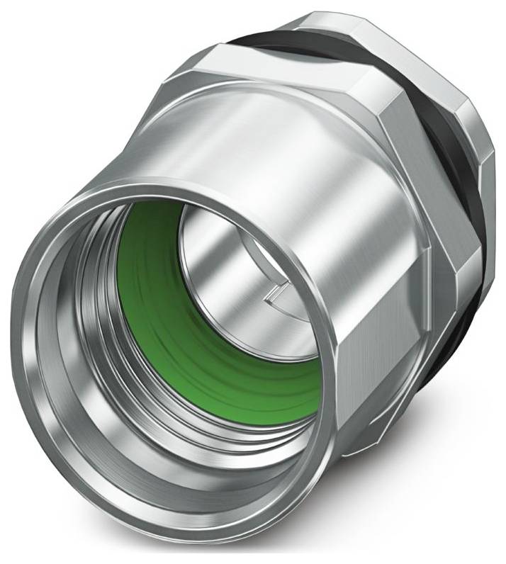 Ein metallischer Stecker mit einem grünen Dichtungsring, der zum sicheren Verbinden von zwei Kabelenden in elektrischen oder mechanischen Systemen verwendet wird.