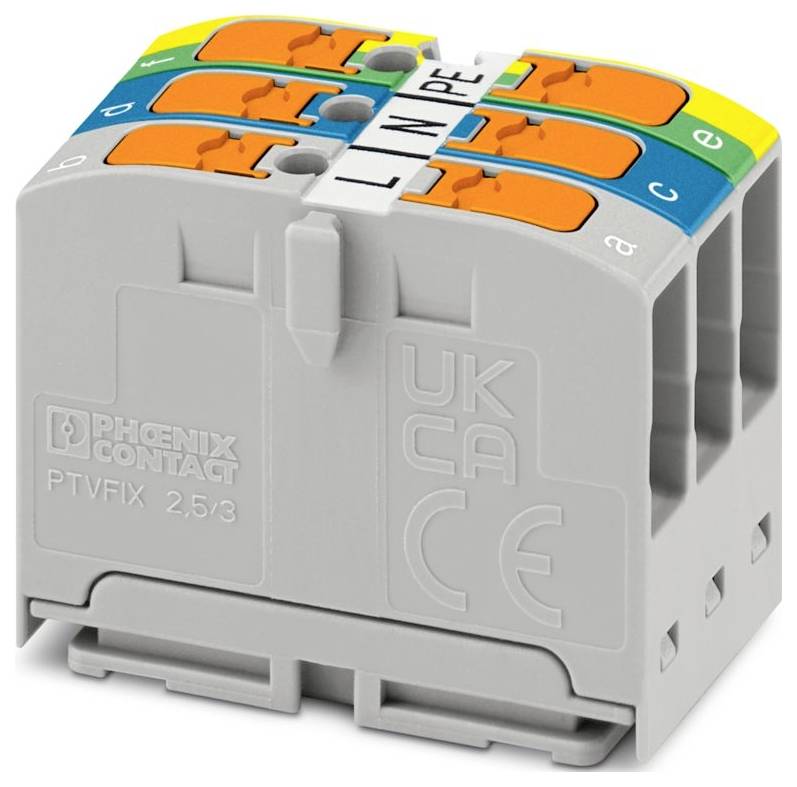 Ein Mehrfach-Steckverbinder mit gekennzeichneten Anschlüssen für elektrische Verbindungen, mit den Markierungen „L", „N" und „PE", die Leiter, Neutralleiter und Schutzleiter anzeigen.