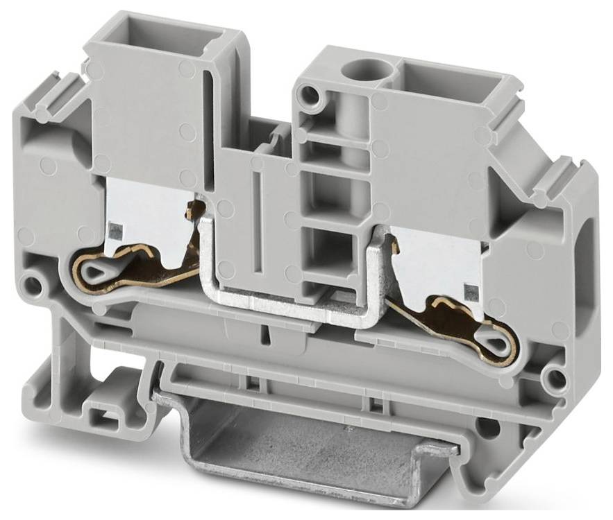 Ein grauer, rechteckiger elektrischer Klemmblock mit zwei Metallverbindungspunkten, der zum Befestigen und Verbinden von elektrischen Drähten verwendet wird.