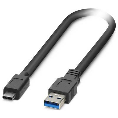 Ein schwarzes USB-Kabel mit einem USB-C-Anschluss auf der einen Seite und einem USB-A-Anschluss auf der anderen Seite, das zur Datenübertragung und zum Laden verwendet wird.