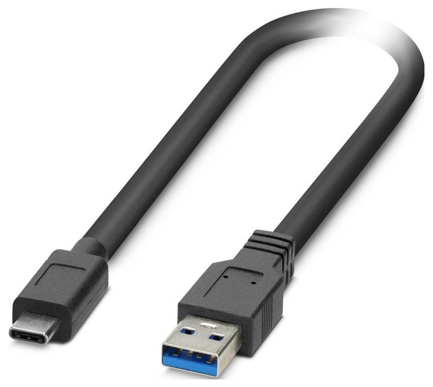 Ein schwarzes USB-Kabel mit einem USB-A-Anschluss an einem Ende und einem USB-C-Anschluss am anderen Ende, das zum Laden und zur Datenübertragung verwendet wird.