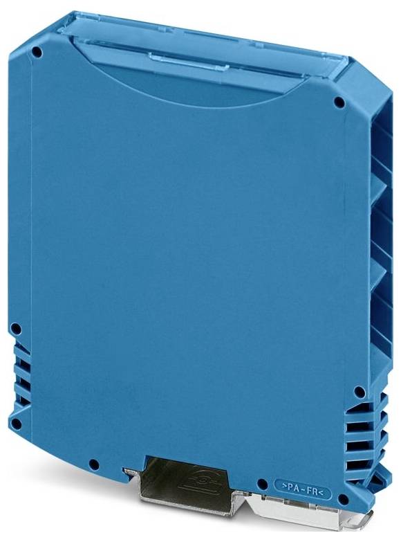 Ein blaues elektronisches Gerät mit rechteckiger Form und metallischem Boden, möglicherweise ein Modul oder Adapter, mit Belüftungsschlitzen an den Seiten.