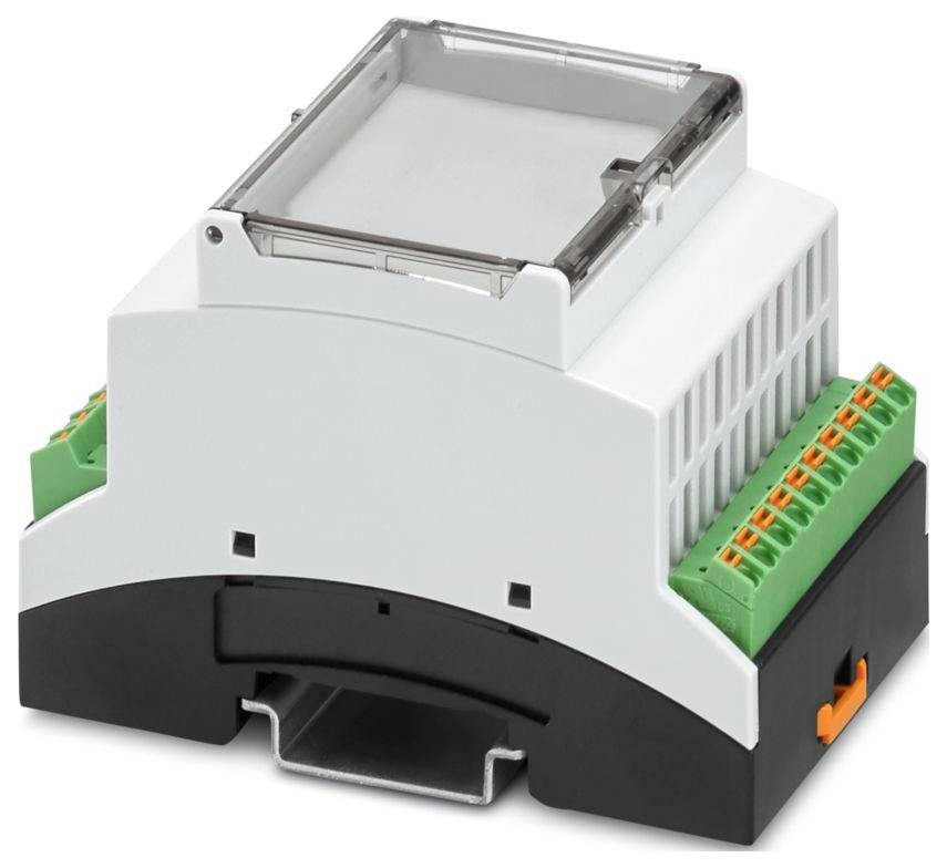 Ein weiß-schwarzes elektronisches Gehäuse mit grünen Anschlüssen und einem orangefarbenen Hebel, das zur Montage auf DIN-Schiene in industriellen Anwendungen verwendet wird.
