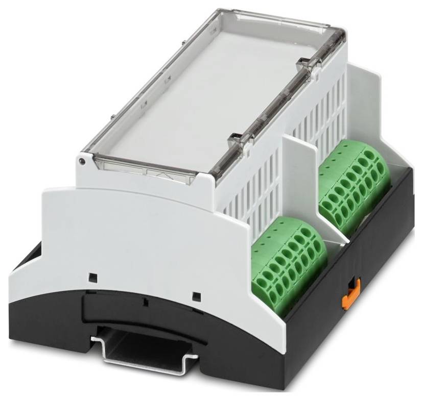 Ein elektronisches Gerät mit weißem Gehäuse und zwei grünen Anschlussblöcken, wahrscheinlich für elektrische Verbindungen oder als Teil eines Industriesystems verwendet.