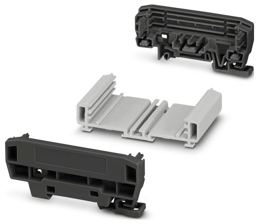 Drei modulare Kunststoffverbinder in Grau und Schwarz, separat angeordnet, die strukturelles Design für elektrische Verbindungen hervorheben.