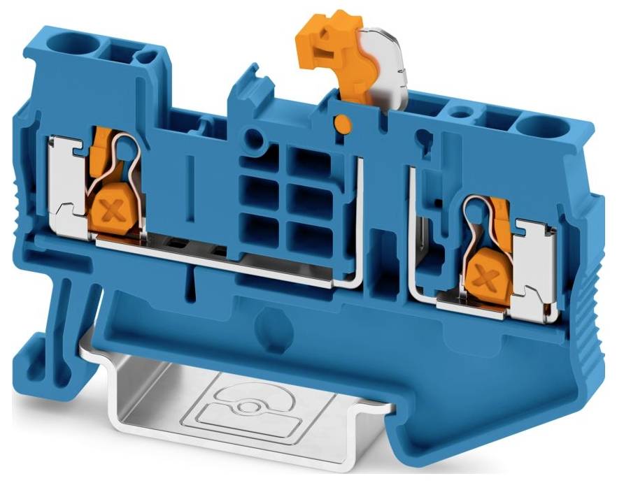 Ein blau und orange farbenes Klemmenbrett für elektrische Verbindungen mit sichtbaren inneren Komponenten und Design, das in automatisierten Systemen verwendet wird.