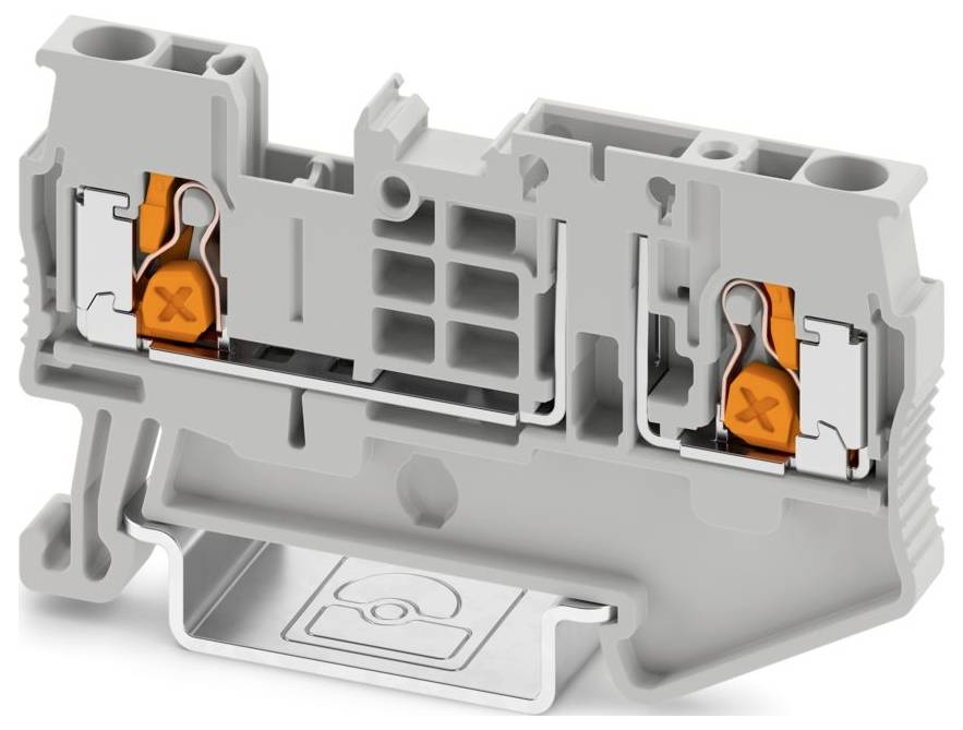 Ein grau-oranges Elektroterminalblock mit zwei unterschiedlichen Anschlußpunkten, das zum Befestigen und Organisieren von elektrischen Drähten verwendet wird.