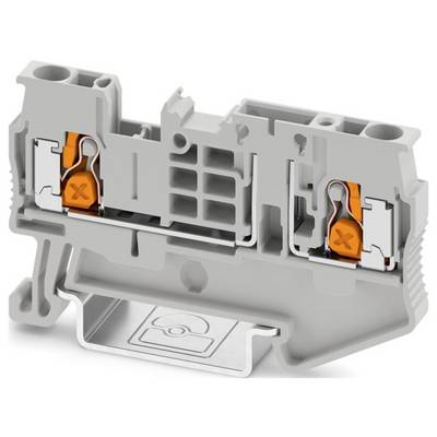 Ein grau-oranges Elektroterminalblock mit zwei unterschiedlichen Anschlußpunkten, das zum Befestigen und Organisieren von elektrischen Drähten verwendet wird.