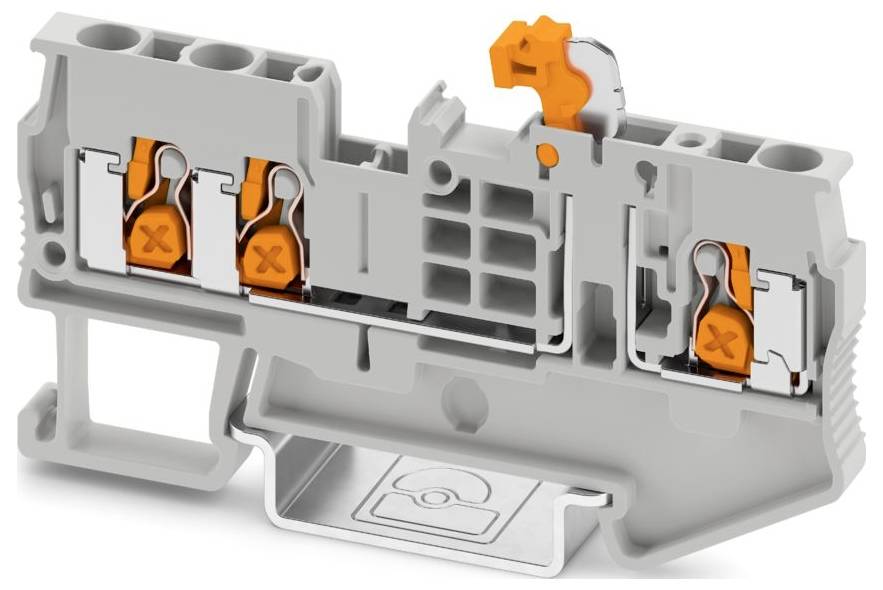 Grauer und orangefarbener Steckverbinder mit drei Anschlüssen, jeder mit einem orangefarbenen Hebel zur Sicherung von Drähten, konzipiert zur Panelmontage.
