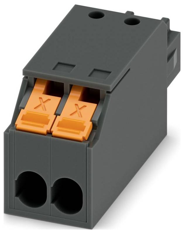 Grau-orangefarbiger Elektrokonnektorblock mit zwei Anschllussklemmen, geeignet zur Sicherung elektrischer Verbindungen in Schaltkreisen.
