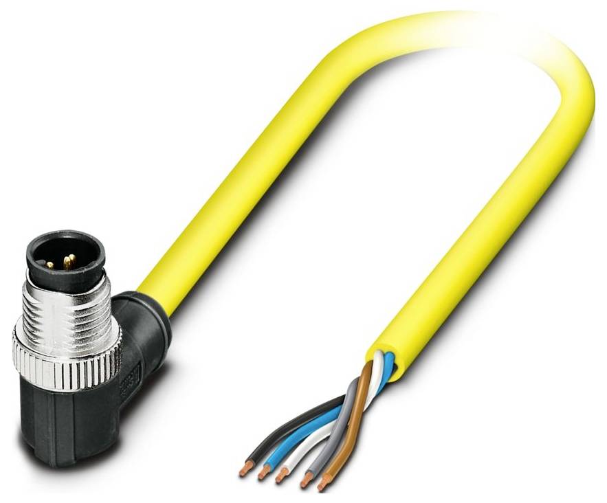 Ein gelbes Industriekabel mit einem rechtwinkligen Stecker und freiliegenden, farbcodierten Drähten für elektrische Verbindungen.