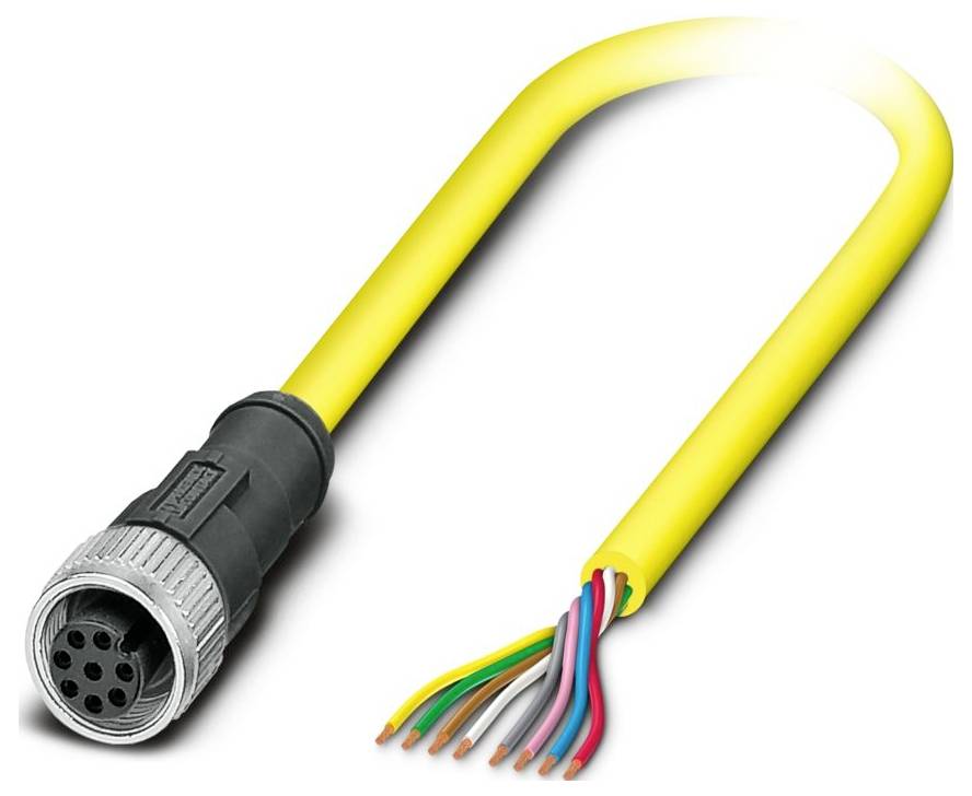 Ein gelbes Kabel mit einem schwarzen Stecker an einem Ende und freiliegenden farbigen Drähten am anderen Ende, möglicherweise verwendet für elektrische Verbindungen.