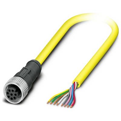 Ein gelbes Kabel mit einem schwarzen Stecker an einem Ende und freiliegenden farbigen Drähten am anderen Ende, möglicherweise verwendet für elektrische Verbindungen.