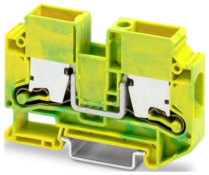 Ein grünes und gelbes Elektroklemmenblock mit metallischen Anschlüssen, die zum Sichern und Verbinden von Elektrokabeln ausgelegt sind.