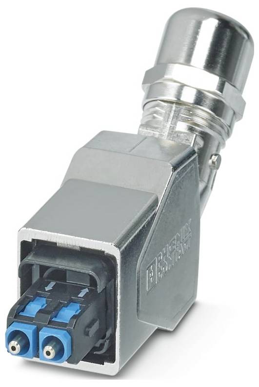 Ein metallischer Industriestecker mit robustem Gehäuse, ausgestattet mit einem blauen und schwarzen Stecker, konzipiert für sichere und zuverlässige elektrische Verbindungen.