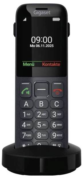 Ein schnurloses Telefon mit großen Tasten zum einfachen Wählen. Das Display zeigt ein Menü und Kontaktoptionen sowie die aktuelle Uhrzeit und das Datum.