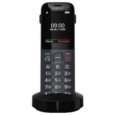 Ein schnurloses Telefon mit großen Tasten zum einfachen Wählen. Das Display zeigt ein Menü und Kontaktoptionen sowie die aktuelle Uhrzeit und das Datum.