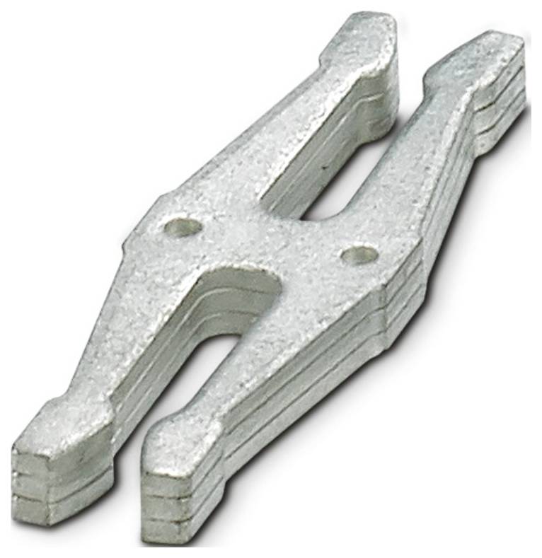 Eine graue, mehrschichtige Metallkomponente mit Y-Form, die zwei gezackte Erweiterungen und drei zentrale Löcher aufweist und in mechanischen Baugruppen verwendet wird.